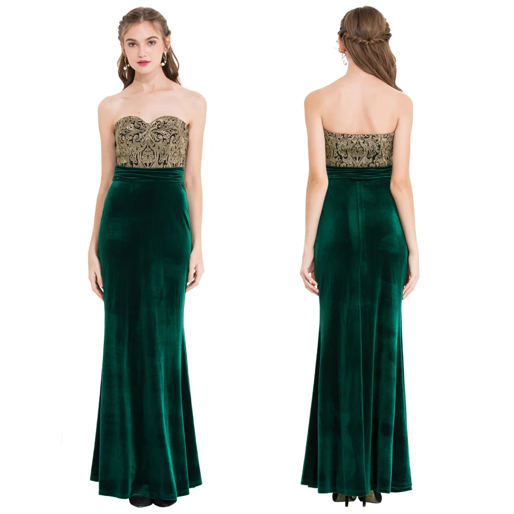 Green picture color Angel-Fashion женское велюровое Плиссированное вечернее платье без бретелек с вышивкой темно-зеленое торжественное Вечернее Платье 431 - Цвет: Green picture color
