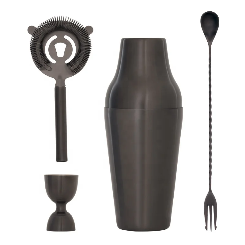 Premium black plated stainless steel 4-pcs boston shaker bar accessory
