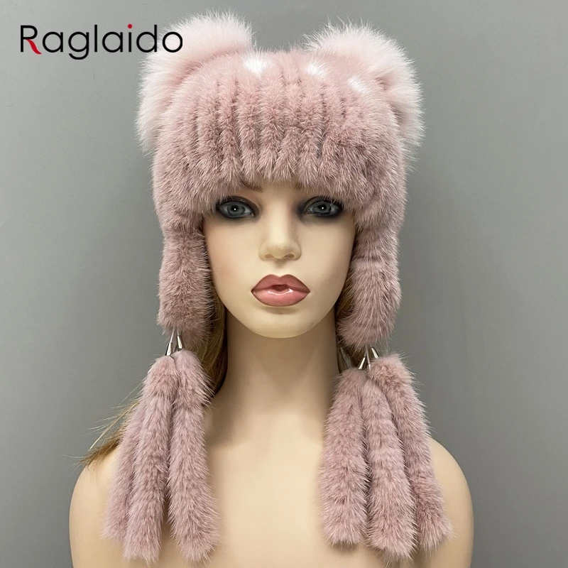 Women's Knitted Natural Mink Fur Bomber Ear Hat with Tail Earflap