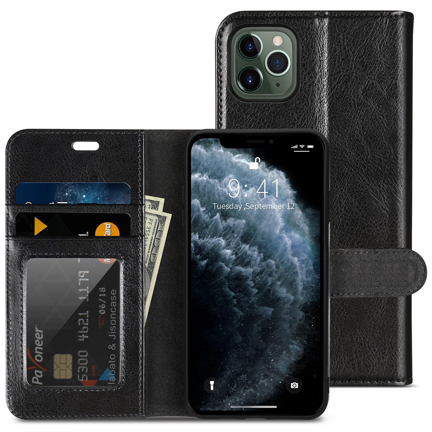 Jisoncase Чехол-бумажник из натуральной кожи для iPhone 11 Pro, противоскользящий с держателем для карт и магнитной застежкой