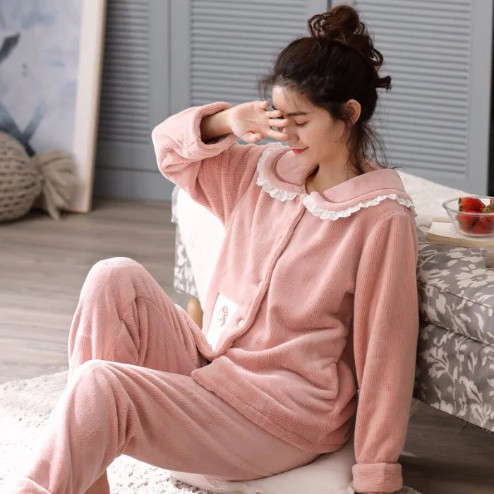 Коралловые бархатные женские розовые пижамы с кружевным воротником из двух частей, плотный фланелевый кардиган, удобный теплый домашний костюм для девочек