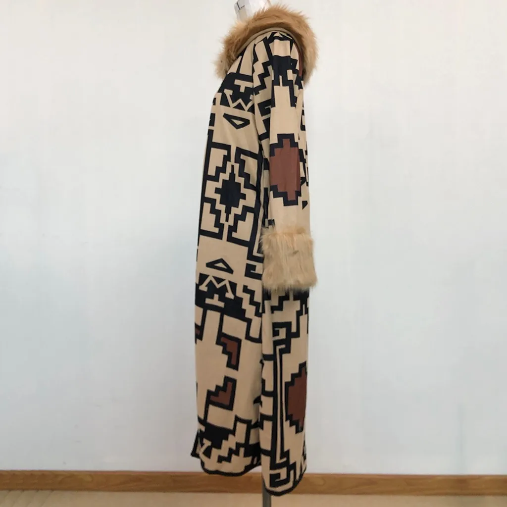 Винтажный Женский Тренч с принтом, Осень-зима, женская теплая ветровка с меховым воротником, повседневный длинный Женский Тренч