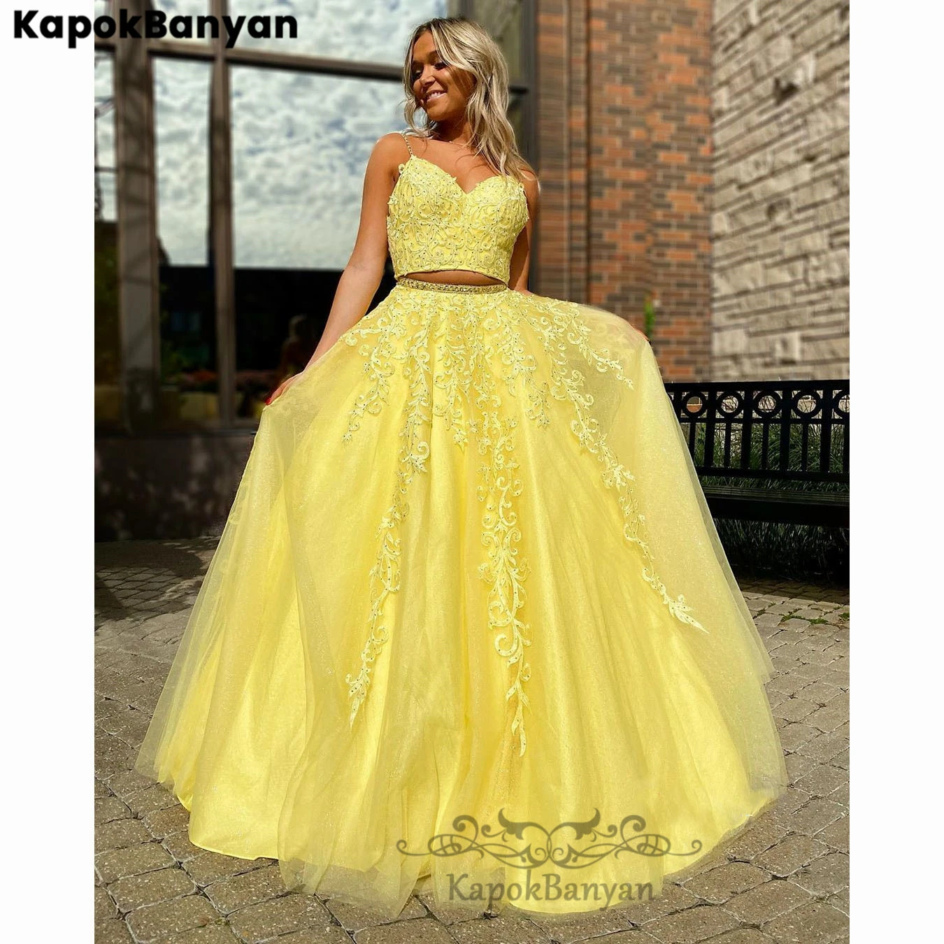 Yellow Two Pieces Sweetheart Long Tulle Prom Dresses Lace Crop Top Party Gown princess prom dresses