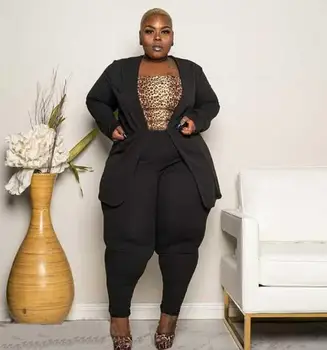 

Plus Size Autumn Winter Women Full Sleeve Solid Blazers Pants Suit Two Piece Set Office Business Uniform Outfits