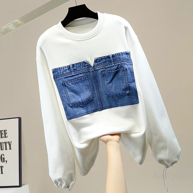 

Fashion Denim Patch Pullovers for Women Cuffs with Drawstring Loose Fleece Liner Sweatshirt 2020 Autumn and Winter Top