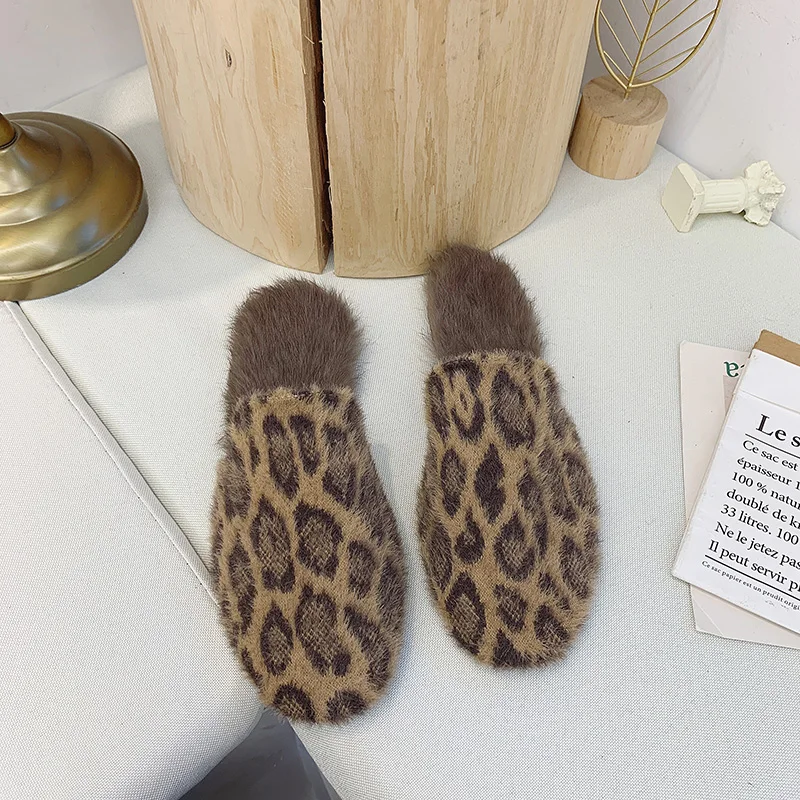 leopard Тапочки с закрытым носком; плюшевые зимние меховые тапочки; женские вьетнамки на плоской подошве; теплые домашние тапочки; женские пушистые леопардовые Мокасины - Цвет: leopard