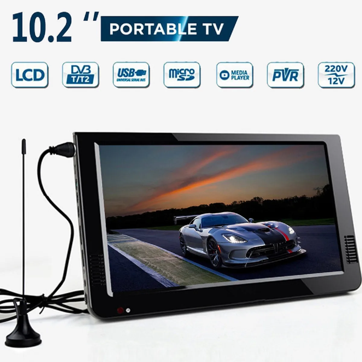 

12V 10.2 Inch Portable Digital Analog Television DVB-T / DVB-T2 TFT LED HD TV Support TF Card USB Outdoor Audio Car Television