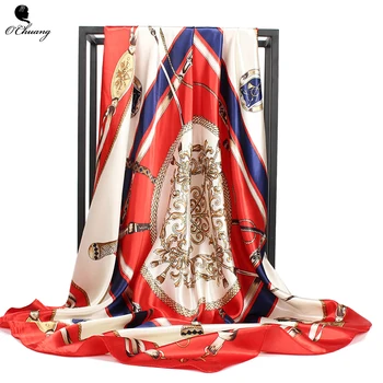 

Satin Scarf Printed Women Silk Scarf Luxury Brand Shawl Fashion Square Foulard Bandana Head Scarves Female Hijab 90*90cm