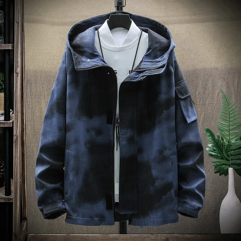 

Куртка мужская с капюшоном, Короткая свободная повседневная камуфляжная, на молнии, с карманами, с соединением, в винтажном стиле, в Корейском стиле