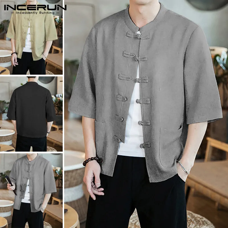INCERUN Men Chinese Style Retro Shirts Man Causal Half Sleeve Kimono Stand Collar Solid Color Cloak Coat Vintage Loose Cardigan