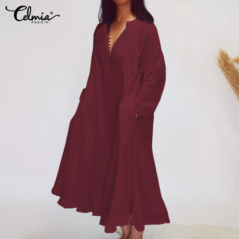 Women Long Shirt Dress Celmia Sexy V neck Long Sleeve Bohemian Party Maxi Dress Casual Buttons Pleated Vestidos Plus Size Robe