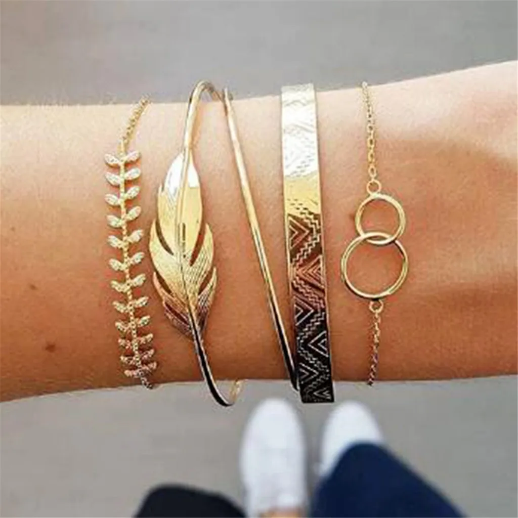 

Women's Bracelets pulseras mujer moda 2020 erkek Platform Hot Sale Gold Metal Leaf Bracelet Classic 5 Piece Set Female