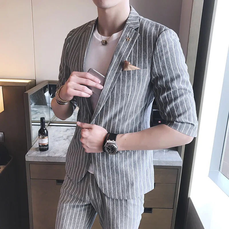 

Summer Casual Half-sleeve Shirt Suit MEN'S Suit Korean-style Slim Fit Suit Two-Piece Set Three-quarter-length Sleeve Suit Capri