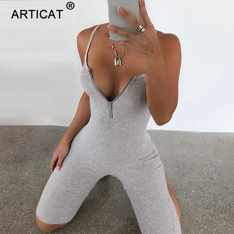 Articat Ribbed Knitted Zipper Bodycon Playsuit Women Spaghetti Strap Backless Skiny Bodysuit 2020 Summer Rompers Womens Jumpsuit Articat Ribbed Knitted Zipper Bodycon Playsuit Women Spaghetti Strap Backless Skiny Bodysuit 2020 Summer Rompers Womens Jumpsuit