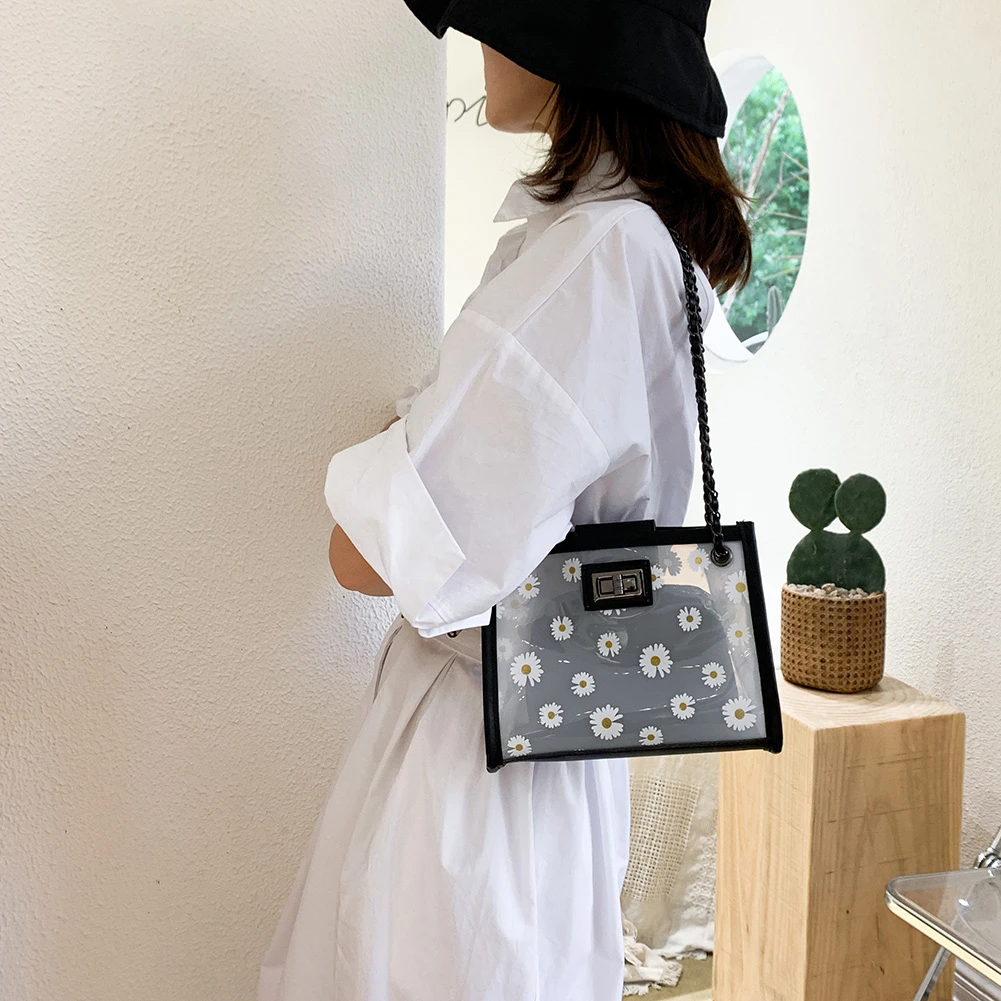 Creative Design Transparent PVC Handbag Classic Texture Chic Daisy Flower Clutch Totes PU Shoulder Bag Composite Set