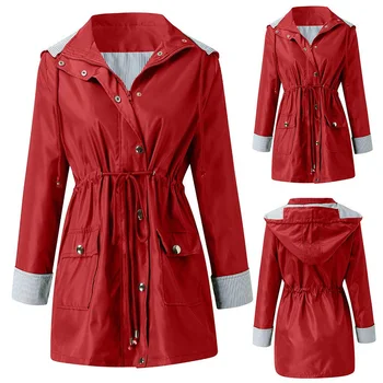 

Long Sleeve Women Hooded Jacket Zipper Closure Slim Fit Casual Anti Rain Drawstring Waist Windproof Hiking Outdoor Waterproof
