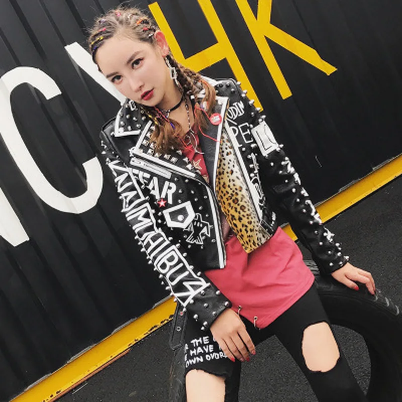 low cost Studded Punk Style Motorcyle Coats 2019 Spring Leopard Leather Jacket Women Turn-down Collar Short