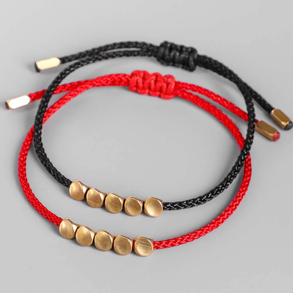 Винтажный Красный веревочный браслет ручной работы, тибетский медный шарик, счастливая веревка, браслет, браслеты для женщин и мужчин, восковые браслеты с нитью