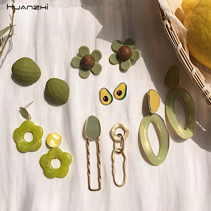 

HZ Summer 2019 New Green Color Fruit Avocado Wood Flower Geometric Oval Acrylic Acetate Tassel Earrings for Women Girl Jewelry