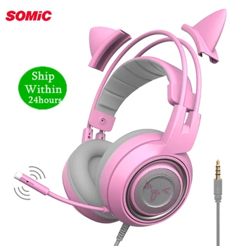 

SOMIC G951s PS4 Pink Cat Ear Noise Cancelling Headphones 3.5mm Plug Girl Kids Gaming Headset with Microphone for Phone/Laptop