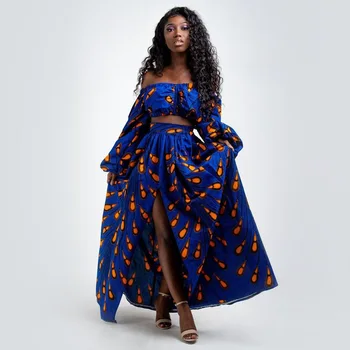 

Dashiki African Dresses for Women Bazin Ankara Dress Long Sleeve African Print Clothing Suit Vestidos Skirt and Top South Africa