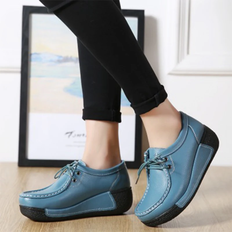 Women Ankle Shoes Lace Up 2020 Wedge Genuine Leather With Fur Woman Platform Women