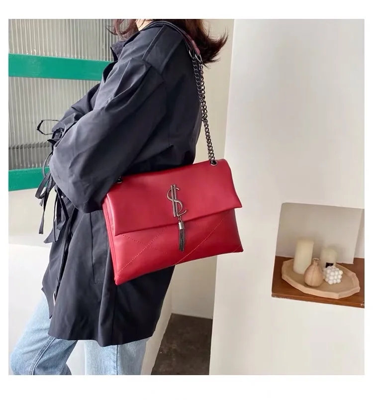 Bolso de hombro de cuero de para mujer, bolso de bandolera con cadena, Bolso grande de diseñador de marca famosa, bolso de