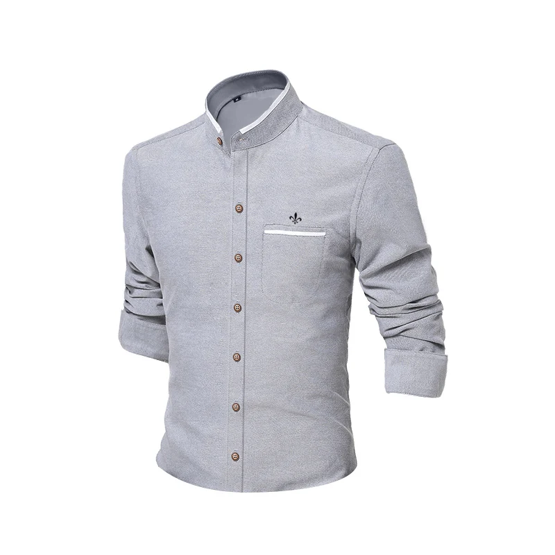 Стоячий воротник Blusa Camisa Social Masculina Dudalina длинный рукав поддельный карман тонкая рубашка мужская одежда вышивка белый мужской - Цвет: DCZ2210-GRAY