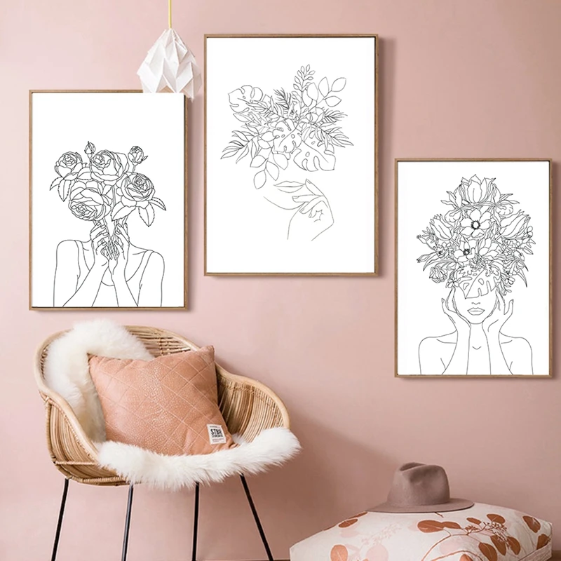 Abstract-Woman-Flower-Head-Line-Drawing-Posters-and-Prints-Black-White-Minimalist-Art-Pictures-Canvas-Painting (2)