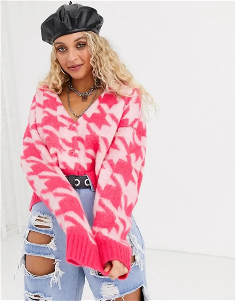 Розовый вязаный кардиган с рисунком птицы, женский свободный короткий свитер, пальто sa1067