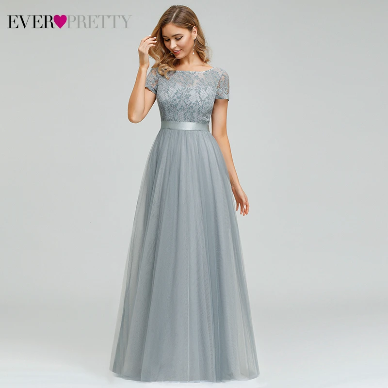 Элегантные Серые Цветочные кружевные вечерние платья Ever Pretty ТРАПЕЦИЕВИДНОЕ ПЛАТЬЕ с круглым вырезом и коротким рукавом из тюля, вечерние платья, Abendkleider