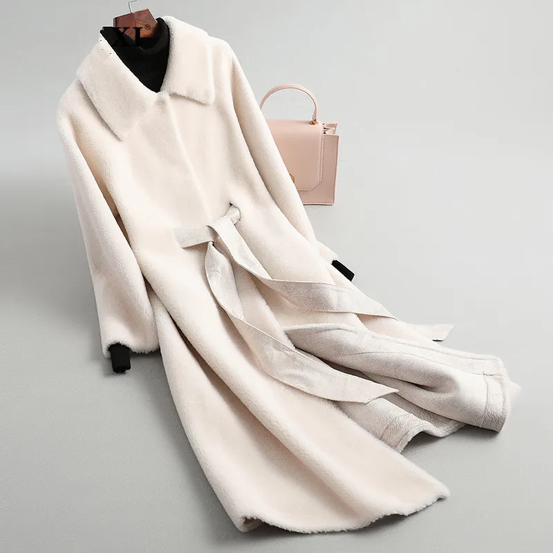 creamy white AYUNSUE Real Fur Coat Female Sheep Shearling Winter Jacket Women Wool Coat Women Korean Long Jackets Manteau Femme KL-1912 - Цвет: creamy white