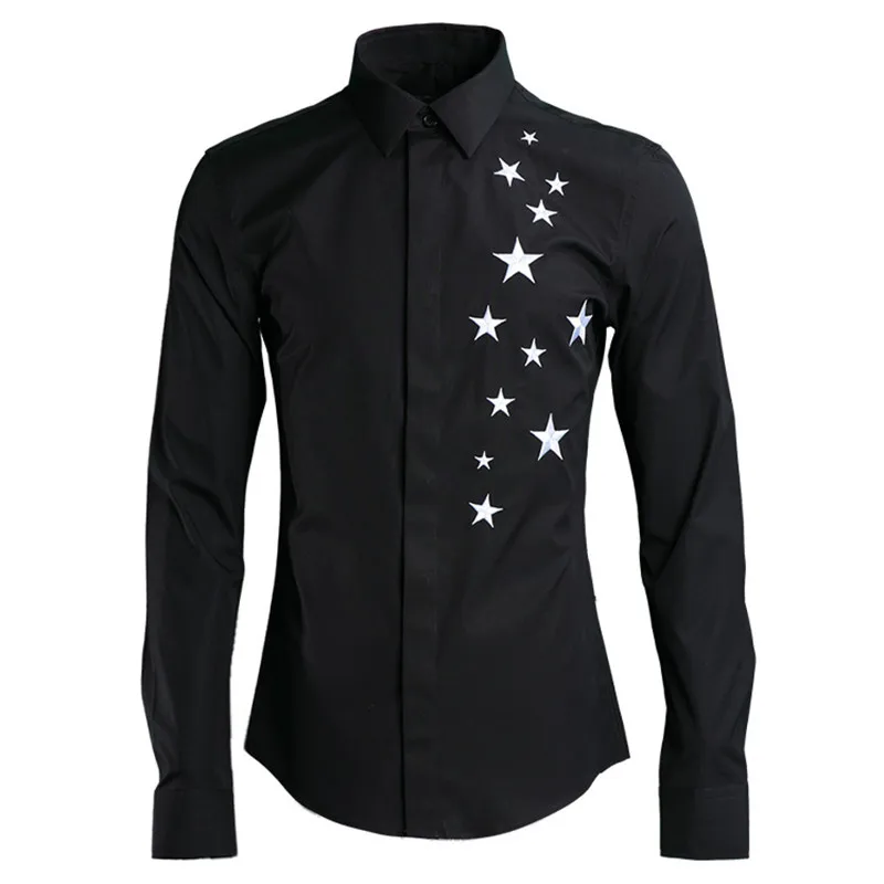 Белая рубашка с вышивкой со звездами Мужская Camisa Masculina, роскошная брендовая мужская приталенная Повседневная рубашка на пуговицах, рубашка-смокинг