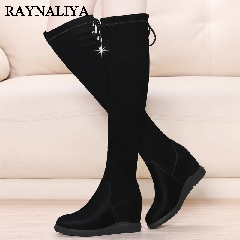 

Over Knee Boots For Women Black Winter Warm Motorcycle Boots Elasticity Microfiher Low Heel Thigh High Boots Shoes BFT-A0031