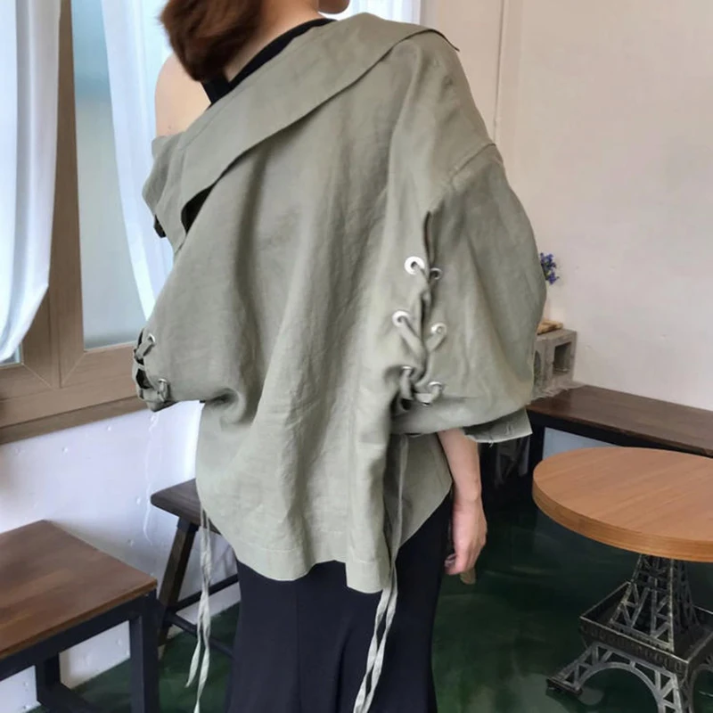 GALCAUR/Повседневная Женская блузка в Корейском стиле с карманами, с длинными рукавами, с отворотом, на шнуровке, модная женская рубашка, блузки, летняя одежда