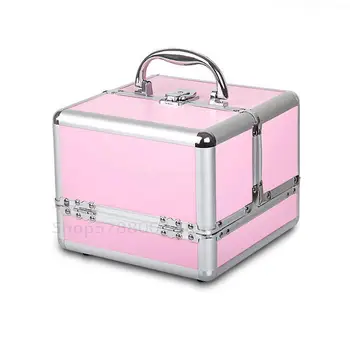 

Korean Aluminum Alloy PU Cosmetic Case PINK Home Make up Case With Lock Laydies Women Multi-storey Cosmetic Tools Trunk