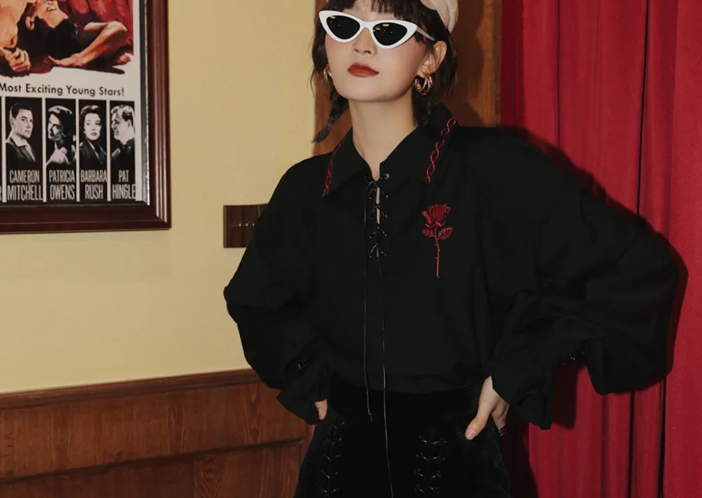 

Gothic Girl Blouse Women Solid Embroidery Rose Turn Down Collar Puff Sleeves Blouse Bandage Shirt Elegant Vintage Top