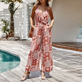 

Women Summer Sleeveless Strap Jumpsuit Bohemian Sytle Full Length Fabala Thin Print Loose Rompers Fashion Holiday Travel Look