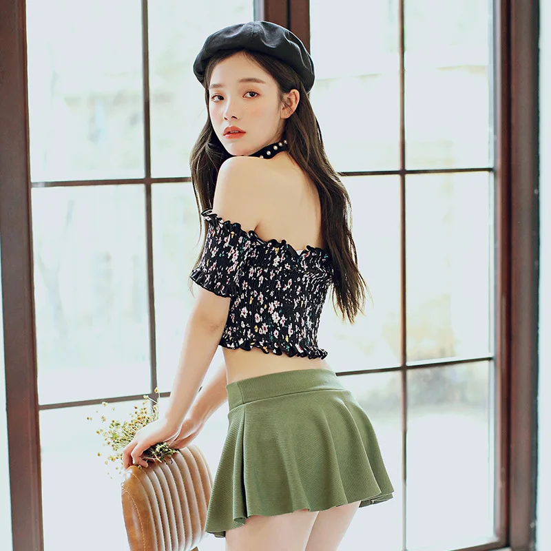 

Flower Retro Bathing Suit Summer Day New Style Arm Sleeve off-Shoulder Swimwear Split Skirt-High-waisted Conservative WOMEN'S Sw