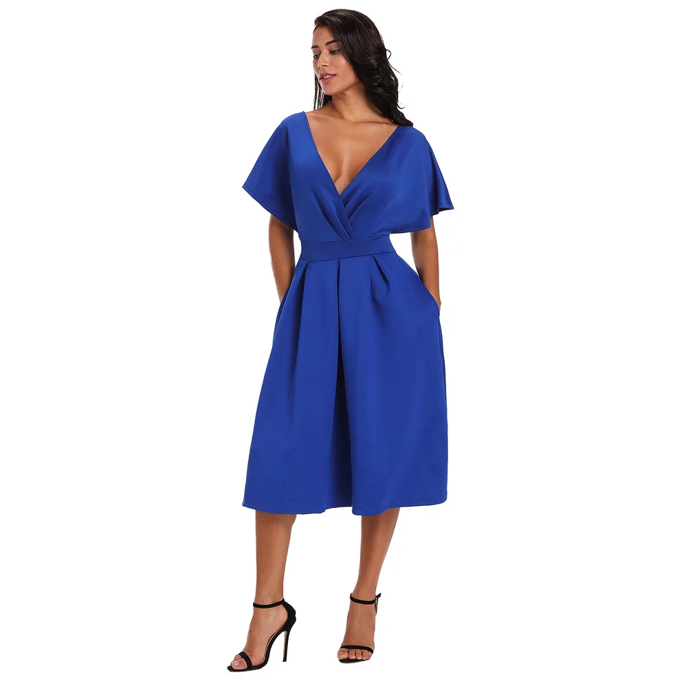 Vintage A-Line Dress for Women Solid Half Sleeve Women Dresses V Neck Mid-Calf Summer Clothes for Women