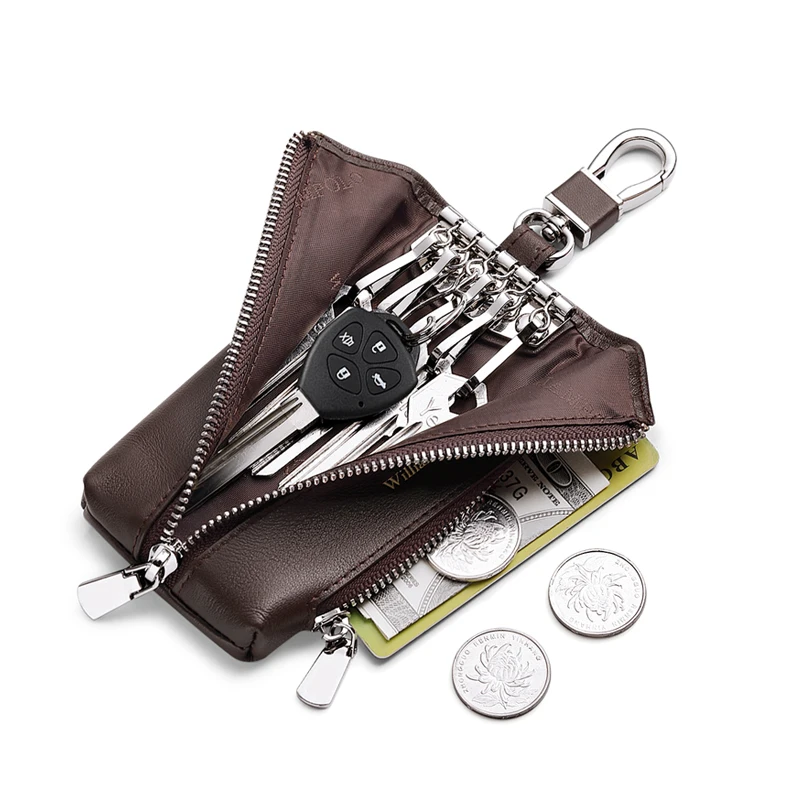 WILLIAMPOLO Key Organizer Fashion Genuine Leather Key Wallet with Hook Zipper Closure Case Car Box key case key holder key organizer key purse key protector