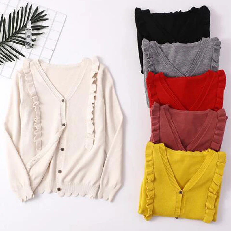 

OUMENGKA Thick V-Neck Women Cardigan Spring Autumn Ruffles Knitted Sweater Coat Single Breasted Outwear Female Cardigans