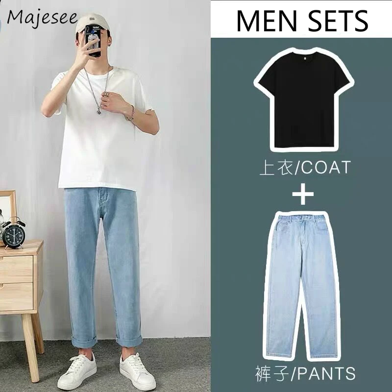 Men Sets Solid Denim Trousers Large Size 3XL Summer Korean Fashion Leisure Simple Set Chic Male Teens All-match Ins BF Ulzzang Men Sets Solid Denim Trousers Large Size 3XL Summer Korean Fashion Leisure Simple Set Chic Male Teens All-match Ins BF Ulzzang