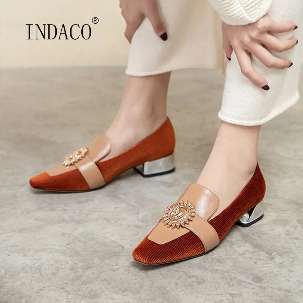 

Designer Shoes Women High Heels Leather Patchwork Square Toe Thick Heel Shoes Metal Decoration Party Shoes Pink
