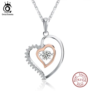 

ORSA JEWELS Genuine 925 Silver Double Heart Pendant Necklace with 0.3 ct Crystal Rhodium mixed Rose Gold Color Necklaces SN15