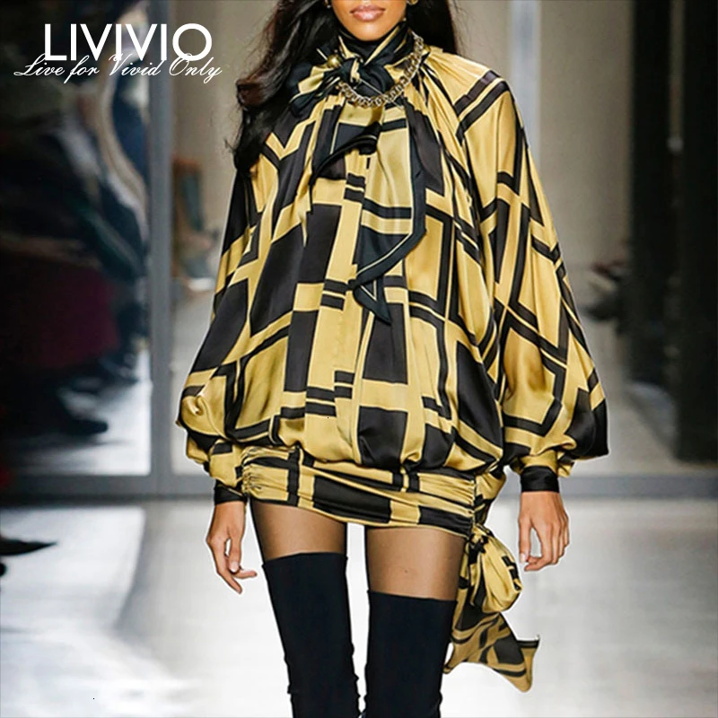 

[LIVIVIO] Bowknot Plaid Dress For Women Turtleneck Lantern Long Sleeve Mini Dresses Female 2019 Autumn Korean Fashion Clothing