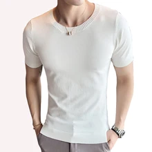 НОВАЯ Трикотажная рубашка модные повседневные мужские свитера Летний Тонкий свитер с круглым вырезом и коротким рукавом из вискозы мужской тонкий джемпер 347