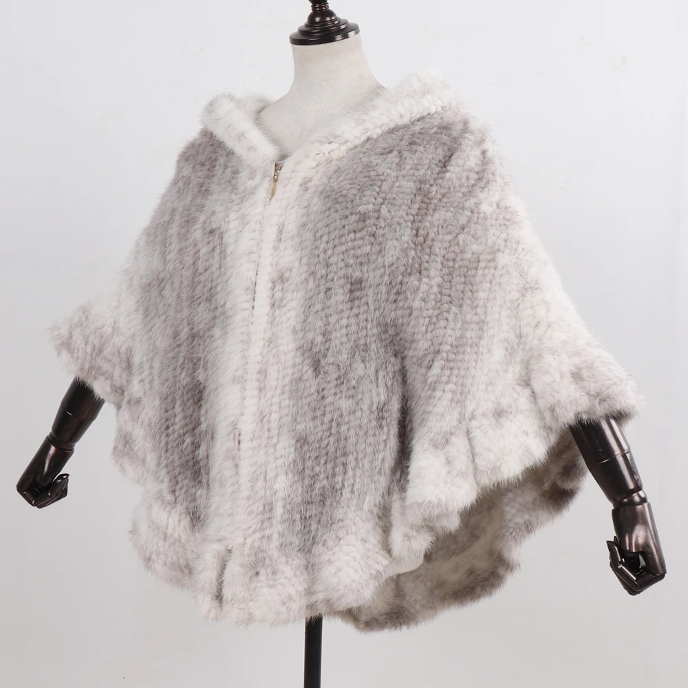 2024 Lady Natural Mink Fur Hooded Pashmina Jacket 100% Genuine Mink Fur Shawl Women Fashion Hand Knitted Real Mink Fur Poncho