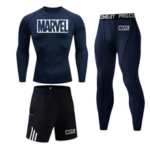 Men's sportswear compression sport suit men's tights+ leggings Marvel men's T-shirt workout clothes rashguard men's kit