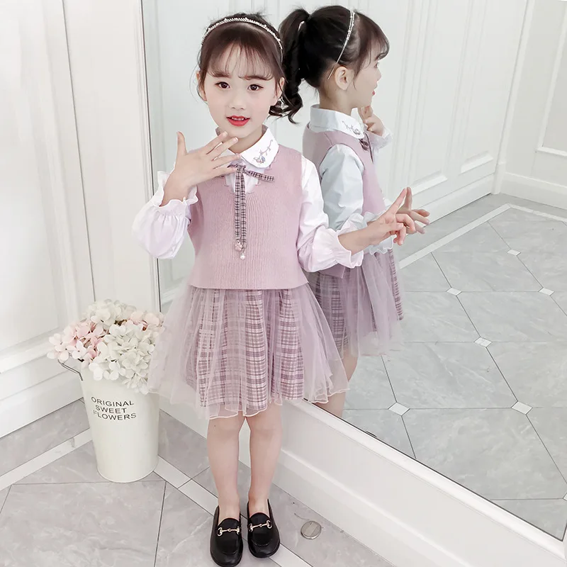 

Girls Princess Dress and Sweaters 2019 Autumn New Children Lace Mesh Shirt Dresses Knitted Sleeveless Sweaters Vest Clothes Sets